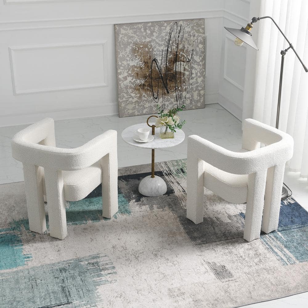 Beige Boucle Upholstered Square Arm Accent Chairs, Set of 2