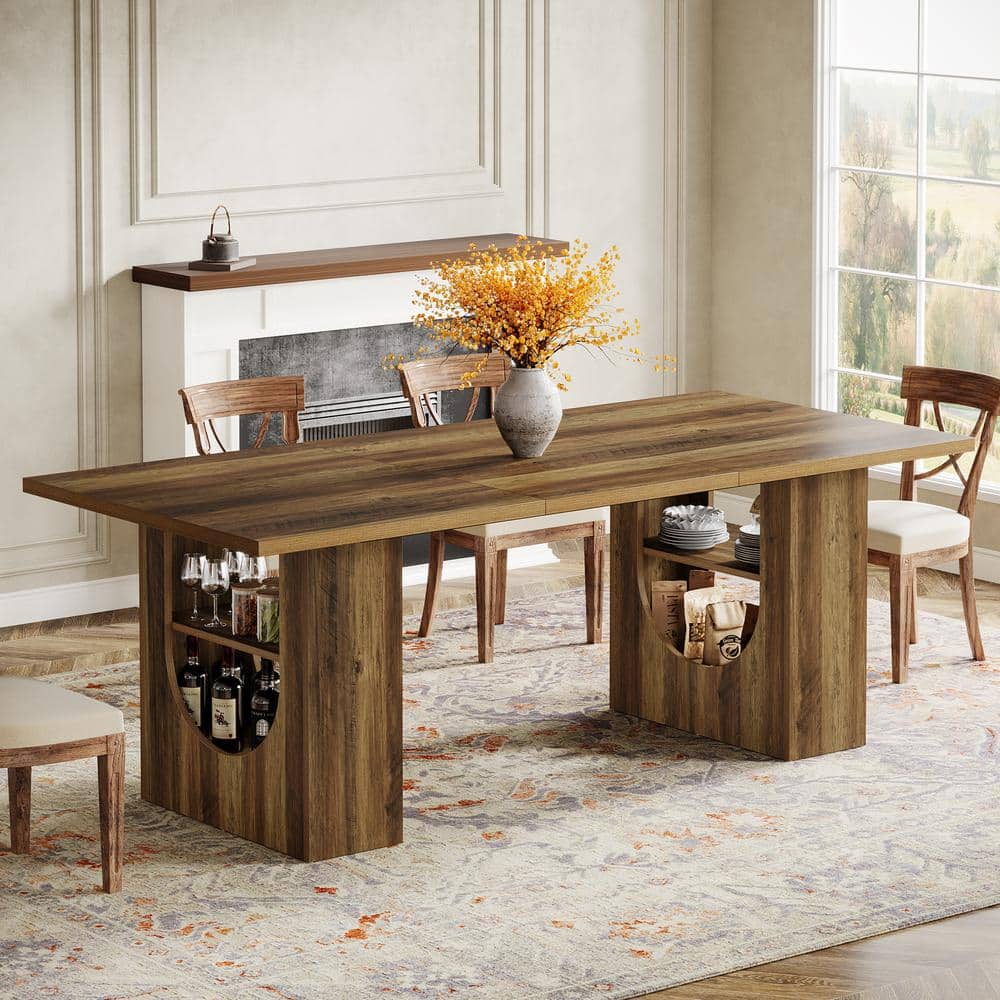 Roesler Rectangular Brown Wood 70.87 in. W Double Pedestal Kitchen Tables Dining Table with Storage Shelf 6-8 Seating