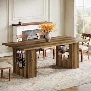 Roesler Rectangular Brown Wood 70.87 in. W Double Pedestal Kitchen Tables Dining Table with Storage Shelf 6-8 Seating