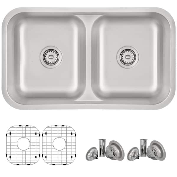 Dual Mount 32.25 in Stainless Steel 50/50 Double Bowl 16 Gauge Kitchen Sink with Grids and Strainers
