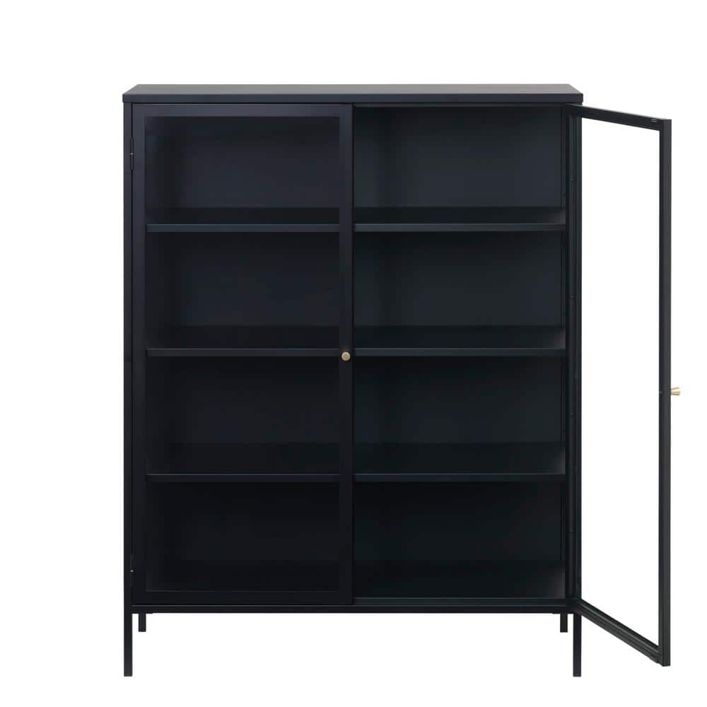 55" Black Metal and Glass China Cabinet with Brass Knobs