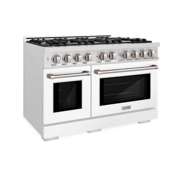 48 in. Select Double Oven Gas Range with 8 Burner Cooktop in Satin Stainless Steel with White Matte Doors