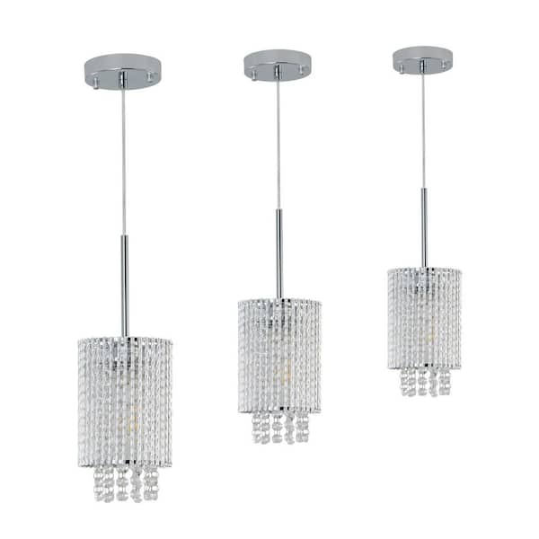 60W 1-Light Chrome Crystal Pendant Light with Adjustable Hanging Ceiling Height, Bulb Not Included (3-Pack)