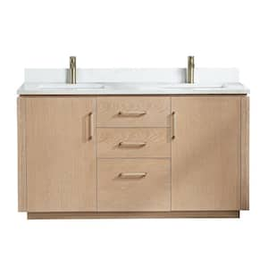 San 60 in.W x 22 in.D x 33.8 in.H Double Sink Bath Vanity in Washed Ash Grey with White Composite Stone Top