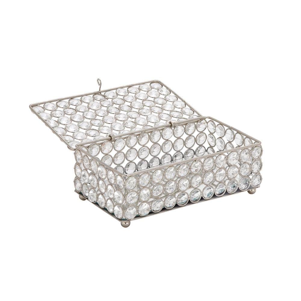Silver Metal Rectangular Jewelry Box with Rhinestone Embellishments