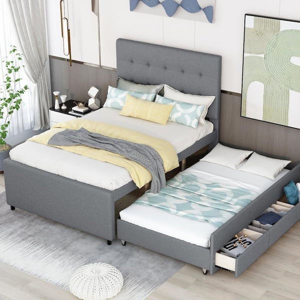 Harper & Bright Designs Gray Wood Frame Full Size Tufted Upholstered ...