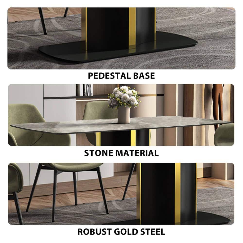 Sylva 71" Deep Grey Glass Dining Table with Black and Gold Pedestal Base