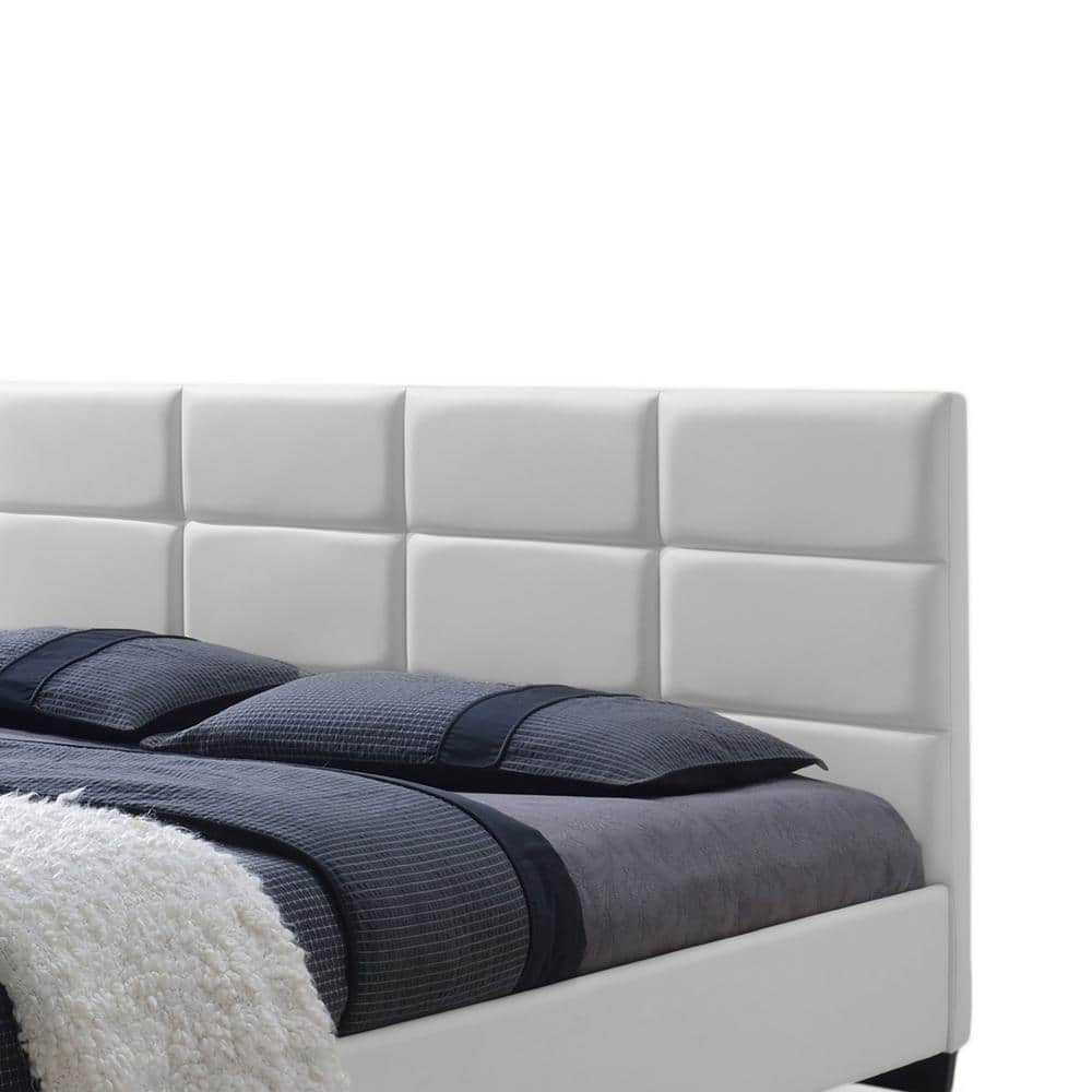 White Queen Faux Leather Upholstered Platform Bed with Tufted Headboard