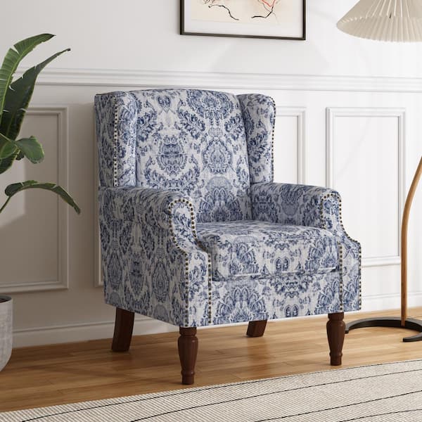 Uixe Retro Navy Blue Floral Pattern Linen Nailhead Trim