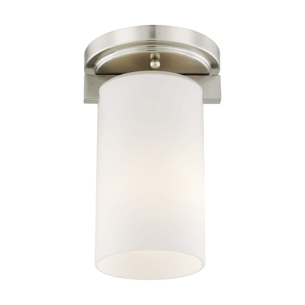 Delray 5 in. 1-Light Brushed Nickel Industrial Flush Mount with Satin Opal White Glass and No Bulbs Included