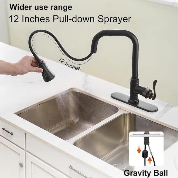 3-Mode Matte Black 14.5 in. H Pull Down Sprayer Kitchen Faucet with 360° Swivel Spout, Deck Plate and Hoses