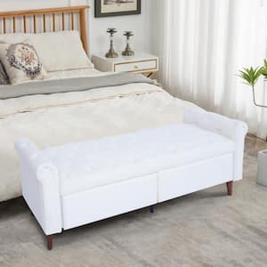 64 in Wide Beige Velvet Upholstered Rectangle Ottoman with Storage