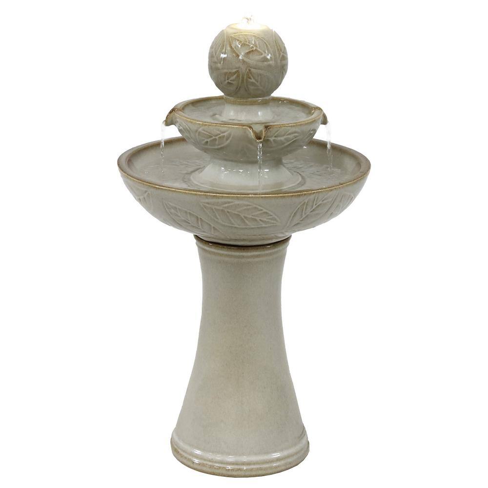 Off-White Ceramic 2-Tier Outdoor Fountain with LED Lights
