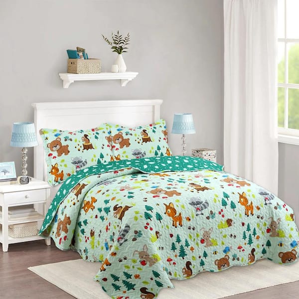 A81 Green Forest Full Size Polyester Quilt Bedspread Set Throw Blanket