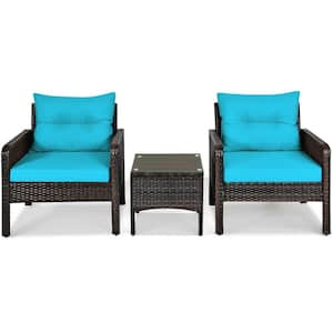 3-Piece Wicker Rattan Patio Conversation Set with Turquoise Cushions