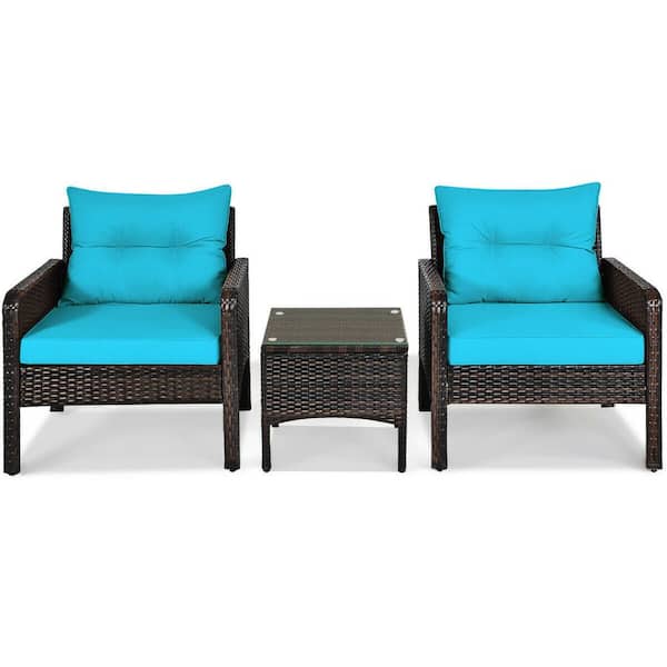 WELLFOR 3-Piece Wicker Patio Conversation Set with Turquoise Cushions