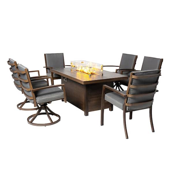 PATIOPTION Patio Dining Set, 7-Piece Aluminum Outdoor Dining Set with Gray Cushion and Fire Pit Table - 4 Swivel plus 2 Armchair