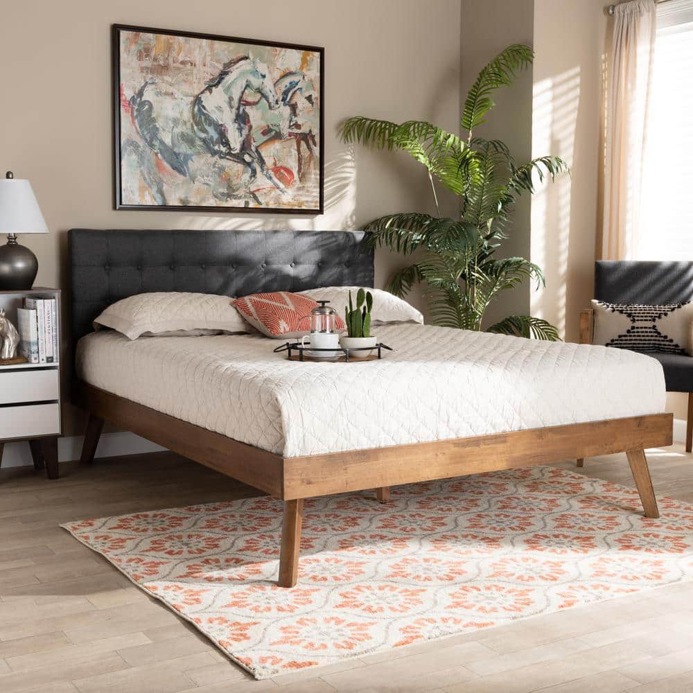 Queen Walnut Wood Platform Bed with Gray Tufted Upholstered Headboard