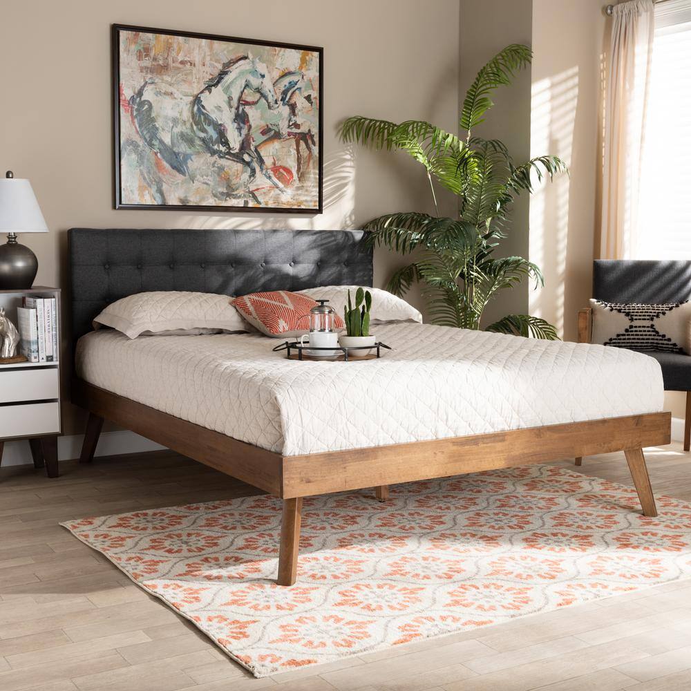Devan King-Sized Walnut Wood & Grey Upholstered Tufted Bed