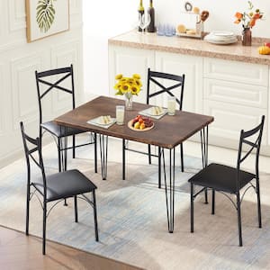 5-Piece Metal and Wood Indoor Modern Rectangular Dining Table Furniture Set 43.3"L, Brown，Breakfast Nook w/4 Chairs