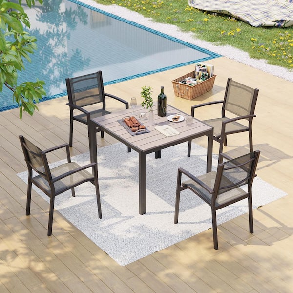 5-Piece Outdoor Dining Set with 4 Textilene Chairs and a Metal Square Table with HIPS Tabletop in Gray