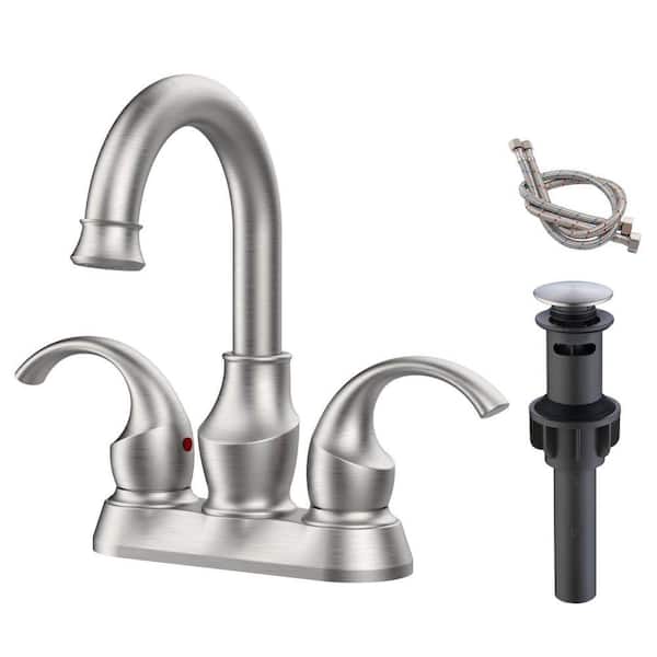 4 in. Centerset Double Handle Bathroom Faucet with Pop-Up Drain Brass 3 Hole Vanity Sink Taps in Brushed Nickel