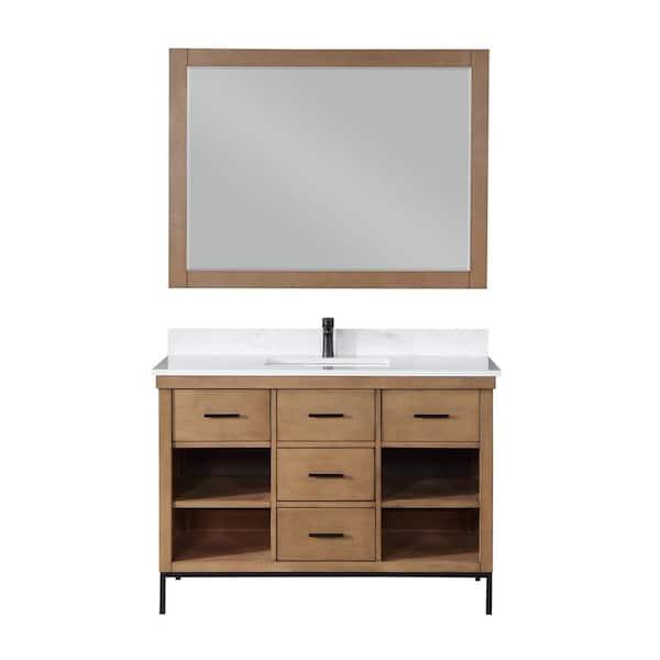 Altair Kesia 48 in. W x 22 in. D x 34 in. H Single Sink Bath Vanity in Brown Pine with White Composite Stone Top and Mirror