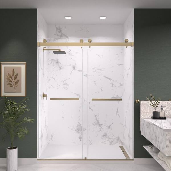 Catalyst 72 in. W x 76 in. H Double Sliding Frameless Shower Door in Brushed Bronze with 3/8 in. Clear Glass