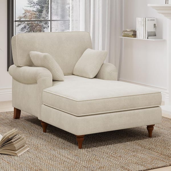 Beige Plush Corduroy Fabric Oversized Chaise Lounge with 2-Comfy Pillows, Solid Wood Legs