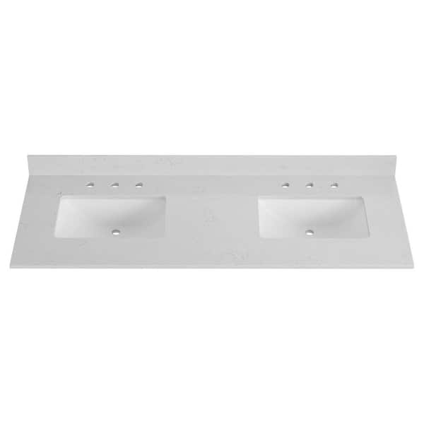 61 in. W. x 22 in. D Bianco Bella Quartz White Rectangular Double Sink Bathroom Vanity Top in White