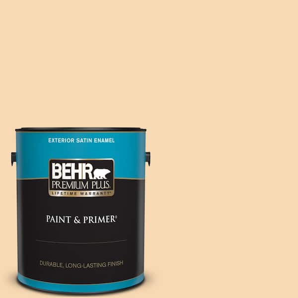 BEHR PREMIUM PLUS 1 gal. #ICC-41 Butter Cookie Satin Enamel Exterior Paint & Primer