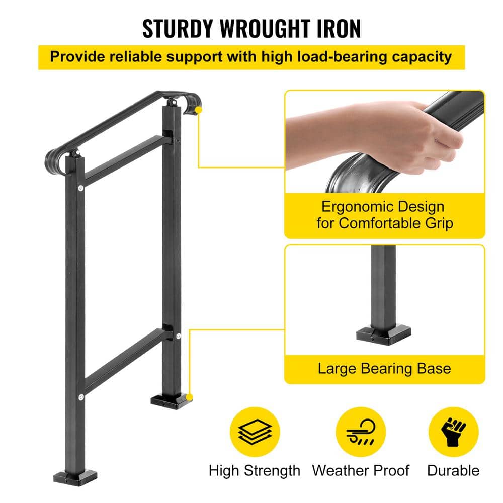 Adjustable Black Wrought Iron Handrail for 1-2 Steps