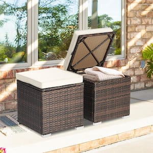 2-Piece Wicker Outdoor Ottomans Storage Box Footstool with White Cushions
