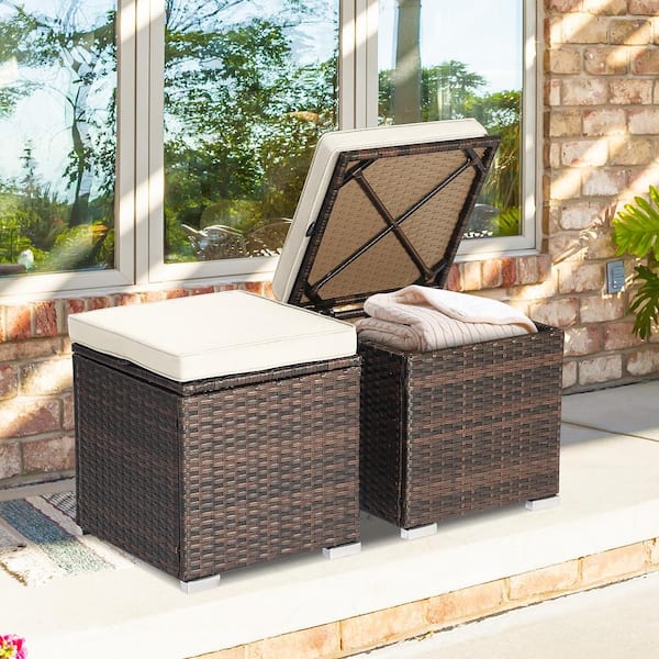 2-Piece Wicker Outdoor Ottomans Storage Box Footstool with White Cushions