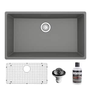 32.5 in. Large Single Bowl Undermount Kitchen Sink in Grey with Bottom Grid and Strainer