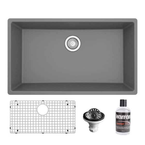 Karran 32.5 in. Large Single Bowl Undermount Kitchen Sink in Grey with Bottom Grid and Strainer