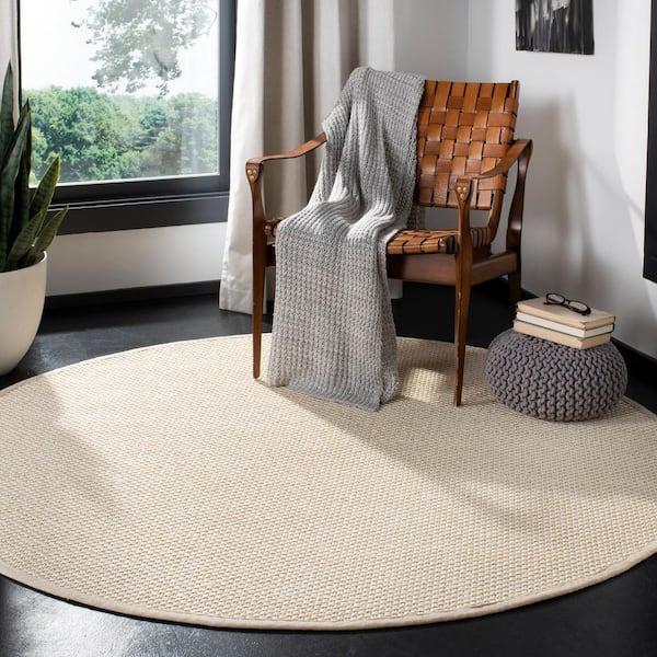 Natural Fiber 10 ft. x 10 ft. Round Ivory/Light Beige Woven Border Area Rug