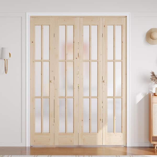 60 in. x 80 in. 6 Lite Pre Assembled Frosted Glass Brown Unfinished Solid Core Wood Bi-fold Door with Hardware