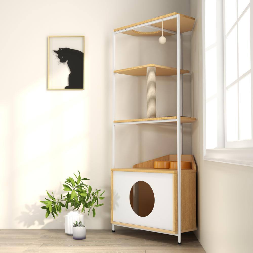 Corner Cat Tower with Scratching Post and Feeding Station