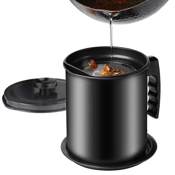 Bacon Grease Container with Fine Mesh Strainer Iron Cooking Oil Can with Removable a Coaster Tray Black
