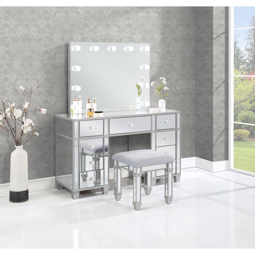Allora Silver Mirrored Vanity Set with Bench and Hollywood Lighting