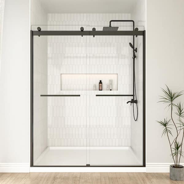 60 in. W x 74 in. H Double Sliding Semi-Frameless Shower Door in Matte Black with Explosion-Proof Tempered Clear Glass