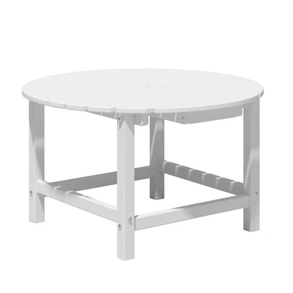 WIAWG 32 in. White Outdoor Coffee Table, Round HDPE Table with Umbrella Hole, Weather Resistant Large Side Table(2-4 Seat)