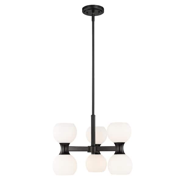 Unbranded Artemis 6 Light Matte Black Shaded Chandelier Light with Matte Opal Glass Shade with No Bulbs Included