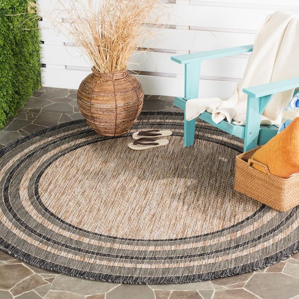 Courtyard Natural/Black 4 ft. x 4 ft. Solid Striped Indoor/Outdoor Patio  Round Area Rug