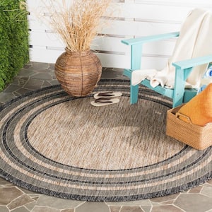 Courtyard Natural/Black 9 ft. x 9 ft. Solid Striped Indoor/Outdoor Patio  Round Area Rug
