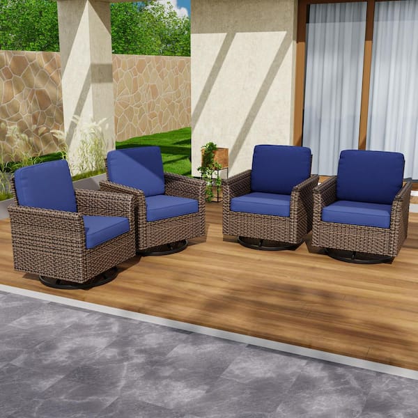 Wicker Patio Outdoor Rocking Chair Swivel Chair with Blue Cushions (4 pack)