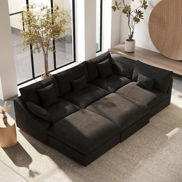 Modular 156 in. Down Filled Linen Large 4-Seat Sofa Solid Wood Cloud Couch Sectional in Black with Ottoman for Apartment