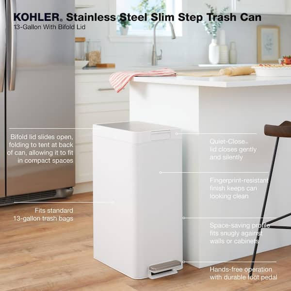 KOHLER 23826-ST 13 Gallon Elongated Hands-Free Step Can, Trash Can with  Soft-Close and Foot Pedal, Quiet Close Lid, Stainless Steel