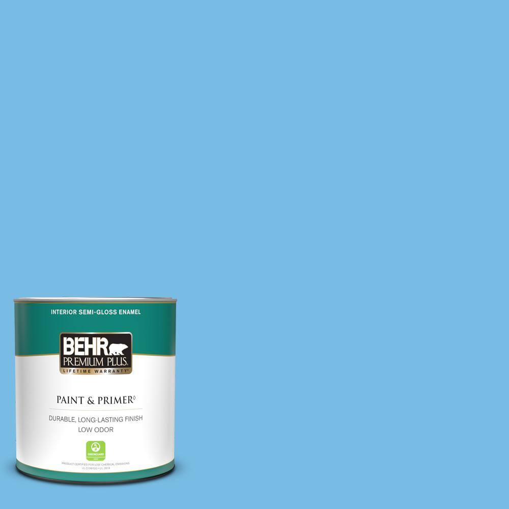 BEHR PREMIUM PLUS 1 qt. 550B4 Costa Rica Blue SemiGloss Enamel Low